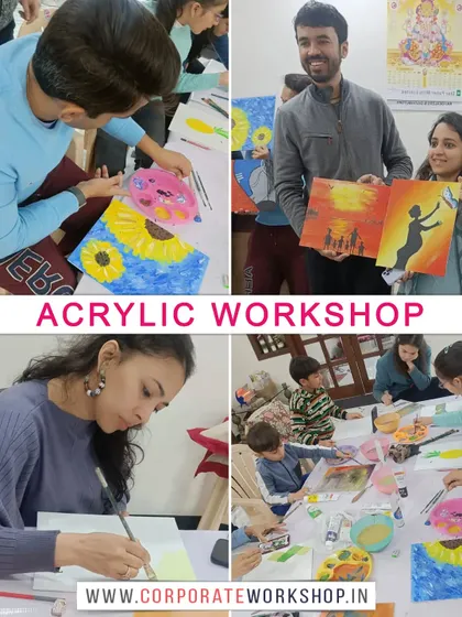 Adults and children painting side-by-side in our acrylic workshop. We tailor our sessions to accommodate all skill levels, ensuring everyone has a great time.