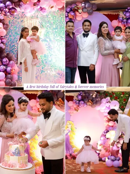 A first birthday full of fairytales and forever memories. This collage captures the beautiful family moments from Shanvi's celebration, including the cake cutting and candid shots with loved ones.