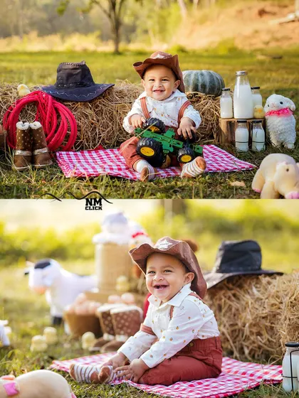 Two happy moments from a farm-themed sitter session. The smiles say it all. Outdoor settings provide a wonderful, natural environment for babies to explore.