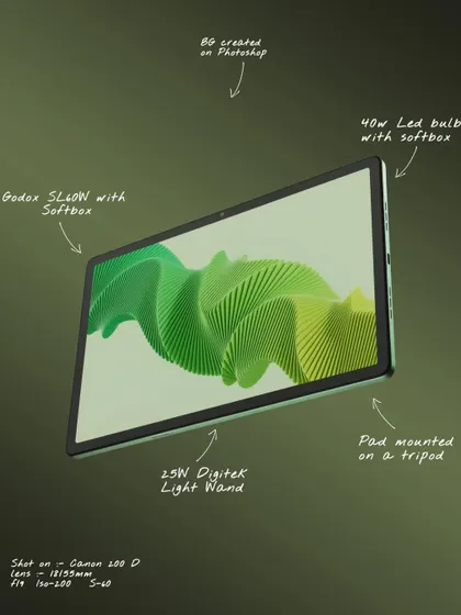 An annotated breakdown of the setup for the realme Pad 2 screen shot, explaining the lighting and how the background was created in Photoshop.