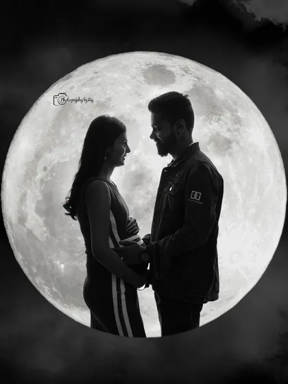 A romantic silhouette of a couple against a full moon backdrop, capturing a moment of quiet intimacy.