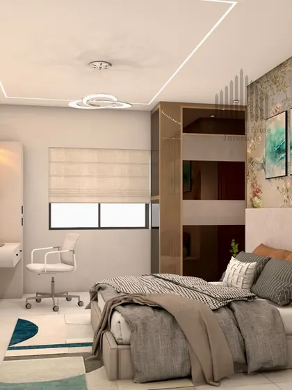 A complete bedroom render showing the sliding wardrobe, a floating study desk, and a bed with a beautiful art-deco inspired wallpaper accent.