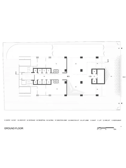 The ground floor plan for the Parinee Lobby, illustrating the layout of the reception, waiting areas, and circulation paths. The plan shows how the design manages flow within the geometric framework.