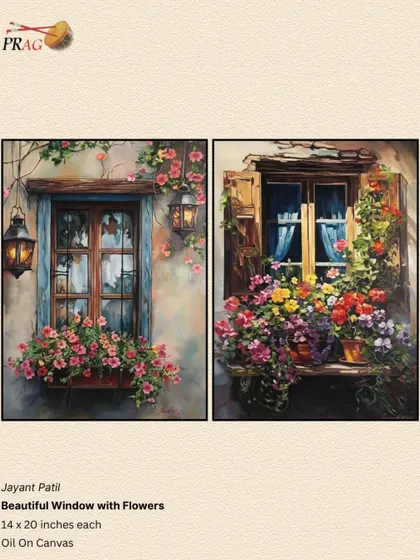 A beautiful diptych of floral windows by Jayant Patil, each one a picturesque scene overflowing with colorful flowers.
