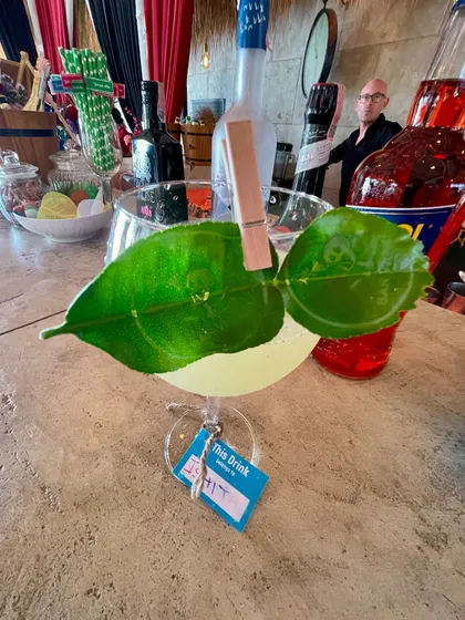 A simple gin cocktail with a creative garnish. I use a clothespin to attach two kaffir lime leaves, which release their aroma every time you take a sip.
