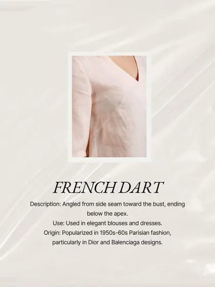 The French dart travels diagonally from the side seam toward the bust. It's a classic in elegant blouses and structured dresses, popularized in 1950s Parisian fashion by designers like Dior and Balenciaga.
