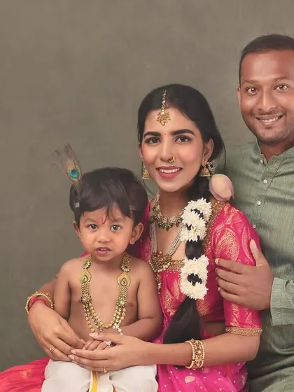 Another beautiful family pose from the Krishna series, showcasing the loving bond between them. The soft, painterly edit enhances the emotional and artistic quality of the portrait.