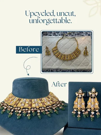 This heirloom piece was redesigned for a bride into a stunning uncut diamond set. The 'After' shot shows the addition of polkies and emeralds, giving the plain gold set a regal and unforgettable look.