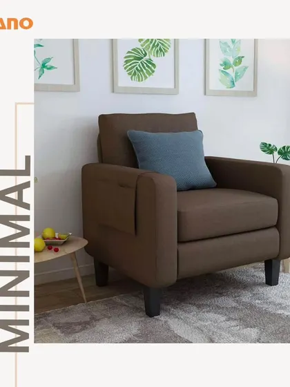This minimal brown armchair is perfect for a cozy corner. It features a simple, sturdy frame and comfortable cushioning, ideal for a relaxed living space.