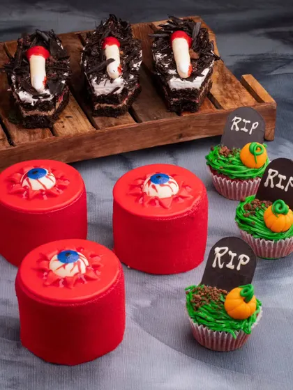 A closer look at our Halloween desserts, focusing on the creative and spooky details of the cupcakes and pastries.