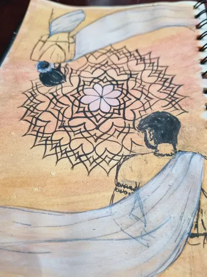 A concept sketch from my personal notebook exploring themes of spiritual connection. This piece, titled 'cosmic union', uses mandala art and figurative drawing to represent the bond between two souls. Many of my larger paintings begin with intimate sketches like this.