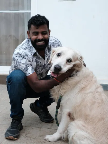 A rare moment when I'm not in running gear, but still with a furry friend.
