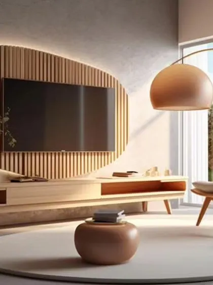 This living room has a calm, Scandinavian feel. I used a slatted wood panel behind the TV and minimalist furniture to create a serene and stylish space, completed by a beautiful arc floor lamp.