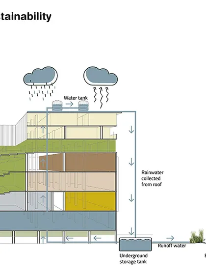 This sustainability diagram illustrates my 'living sponge' concept for water management. It shows a systematic approach to rainwater harvesting and bioswale integration, designed to recharge groundwater, reduce runoff, and support a productive landscape.