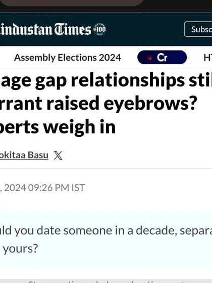 The headline from my feature in the Hindustan Times, where experts weigh in on whether age-gap relationships still warrant raised eyebrows in today's society.