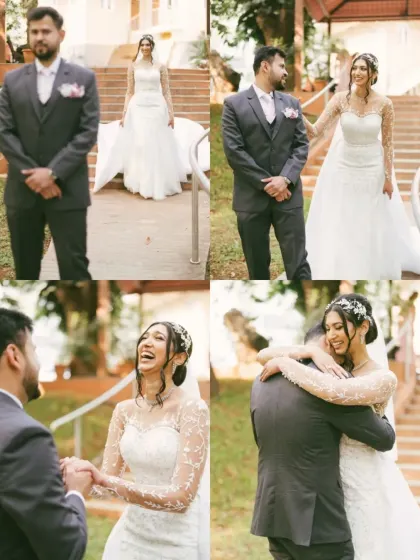 The emotional "first look" between the bride and groom. This series of photos captures the surprise, joy, and love in this incredibly special and private moment.