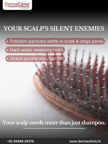 This graphic details your scalp's silent enemies in the city. Pollution clogs pores, hard water weakens roots, and stress accelerates hair fall. Your scalp needs more than just shampoo.