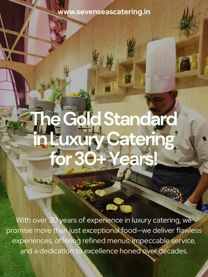 "The Gold Standard in Luxury Catering for 30+ Years." A chef at a live grill station, perfectly searing vegetables. This image reinforces our legacy of excellence and our promise of refined menus and impeccable service.
