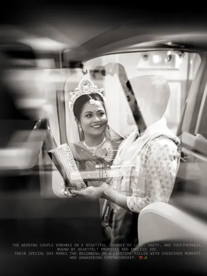 An artistic, reflective shot capturing the couple's journey, symbolizing the start of their new life together.