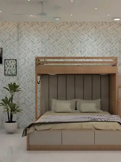 A modern bunk bed with a hidden lower bed that can be pulled out, saving space during the day.