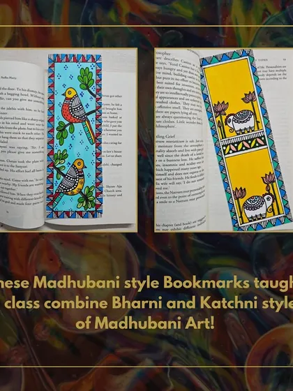 We teach the intricacies of Indian folk art, like these Madhubani-style bookmarks. Our classes cover different styles, such as Bharni and Katchni, allowing participants to create detailed and colorful pieces while learning about their cultural origins.