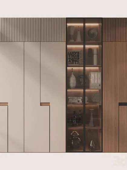 A highly contemporary wardrobe design featuring a mix of white, wood, and fluted panel finishes. The recessed handles and central glass display case add to its unique, architectural feel.