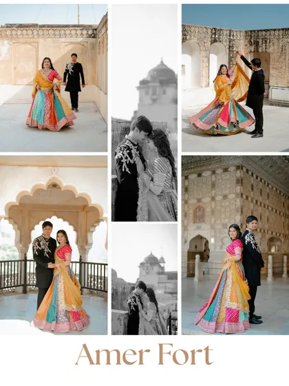 More moments from Shekar and Shreyarani's Amer Fort shoot, combining full-length shots with romantic close-ups, some in black and white for artistic effect.