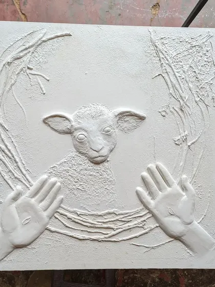 This is the raw, unpainted form of 'The Lost Sheep' mural. It shows the pure texture and sculptural work done with modeling paste before any color is added, highlighting the foundation of the 3D effect.