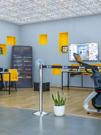 The sponsor area at our conference, featuring equipment from Grandslam Fitness for participants to explore.