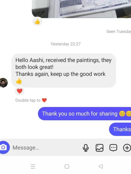"Hello Aashi, received the paintings, they both look great!" It's always great to hear that the artwork has been safely received and is loved by the client.