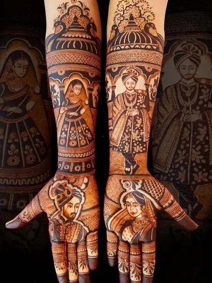 This design features full-figure portraits of a bride and groom in royal attire, covering the entire forearm.