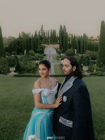 The happy couple, Anant Ambani and Radhika Merchant, posing in a stunning garden during their Mediterranean cruise. We were honored to manage the guest experience for this globally-featured celebration.