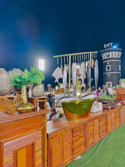 A wide view of the rustic wooden seafood counter.