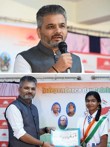 Presenting an award to a student at the Samarthanam Trust for the Disabled during their Independence Day celebration. Recognizing and encouraging the talents of every child is crucial for building an inclusive society.