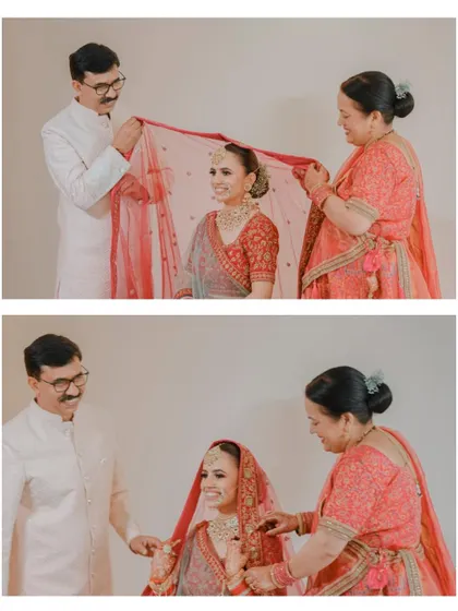 A diptych showing the bride's parents placing the veil on her head. This is a deeply emotional and traditional moment, beautifully captured.