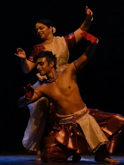 A graceful moment from 'Raag Raagini'. The swirling costume of Kathak and the structured form of Bharatanatyam create a beautiful visual contrast.