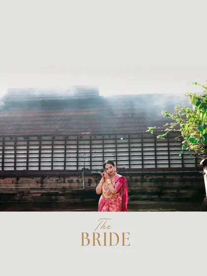 A wide shot of the bride against a traditional building, captioned "THE BRIDE."