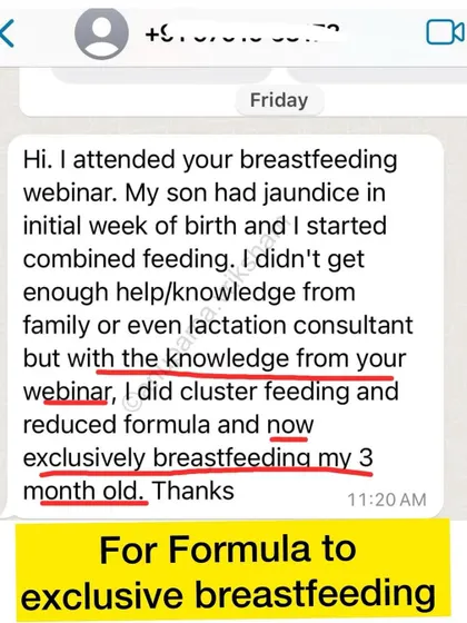 This message from a mother makes me so happy. She was struggling with combined feeding but learned about cluster feeding in my webinar and is now exclusively breastfeeding her baby. The right knowledge gives you the confidence to trust your body and nourish your child.