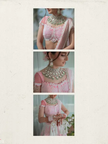 A triptych of close-up shots, highlighting the intricate details of the bride's blouse and jewelry.