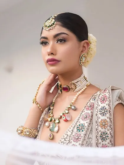 A beautiful, soft-focus shot that captures the romantic essence of the Laila look.