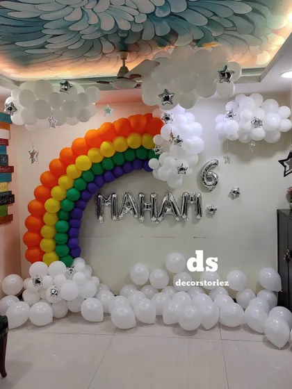 Creating a sky full of dreams right inside your home. This immersive rainbow and clouds theme features a large, colorful balloon rainbow arch surrounded by fluffy white balloon clouds and twinkling star foils, making any birthday magical.