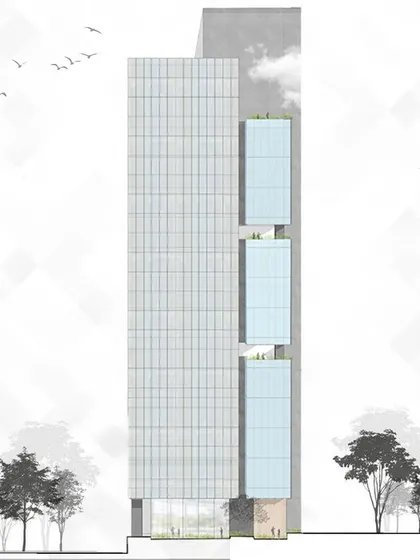 An elevation drawing of our commercial building concept, showing the clean lines and balanced composition of glazed and solid surfaces. The design aims to create a transparent, light-filled structure that inspires the future of work.
