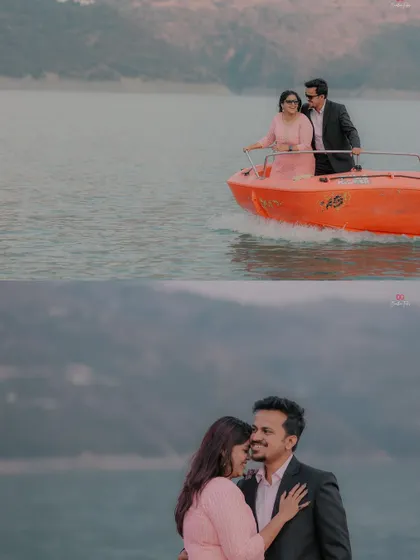A combination of a wide shot and a close-up from a pre-wedding boat shoot, showcasing both the epic scenery and the intimate connection of the couple.