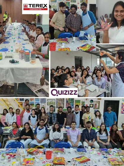 A collage showcasing the fun and engagement from our corporate workshops with clients like Terex and Quizizz. We love bringing teams together, whether at their office or our studio, for a creative break.