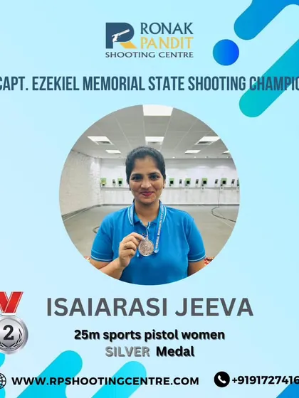 Congratulations to Isaiarasi Jeeva for her Silver Medal in the 25m sports pistol women event at the 26th Capt. Ezekiel Memorial State Shooting Championship.