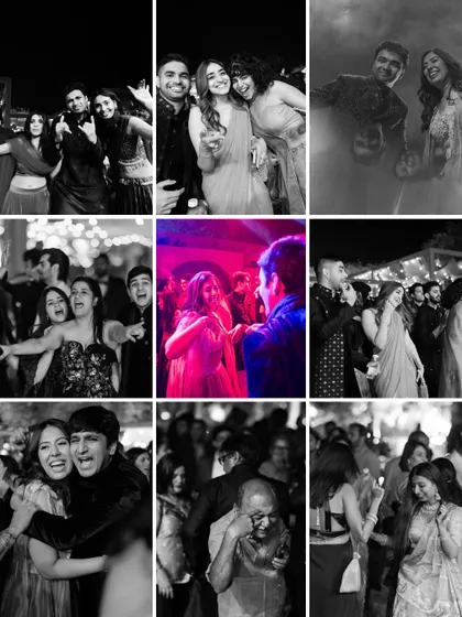 A collage capturing the energy of a Sangeet night, with guests dancing, laughing, and enjoying the live band performance.