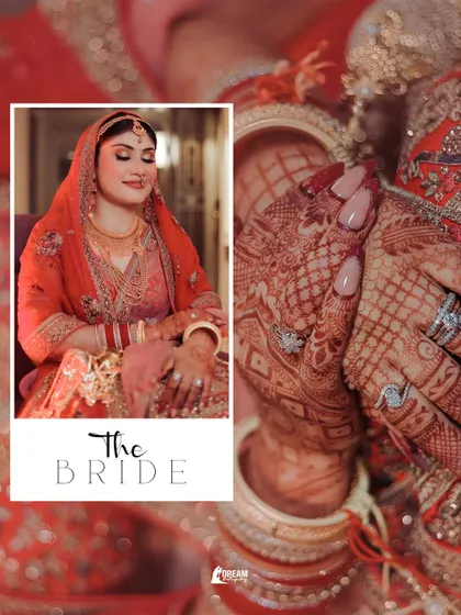 A creative collage of bride Airika, with a close-up of her henna-covered hands overlaid on a full portrait.