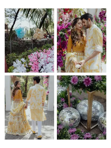 A collage from a vibrant Mehendi ceremony, showing the beautiful floral decor, disco balls, and the happy couple enjoying the festivities.
