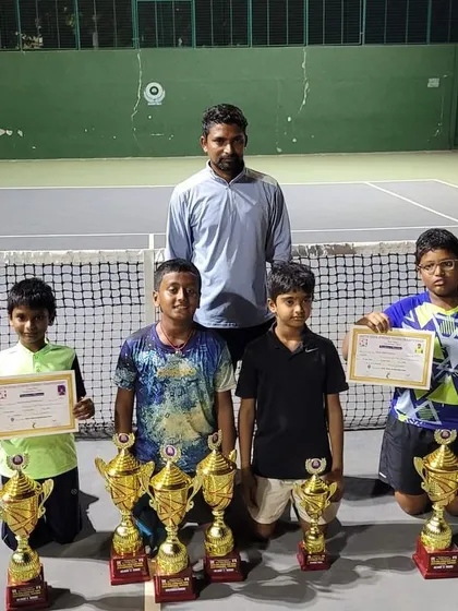 Celebrating our junior champions Hitesh (U14 singles winner), Harshad (U8 singles winner), and Shaurya (U12 singles runner-up) after their success at the open state championship.