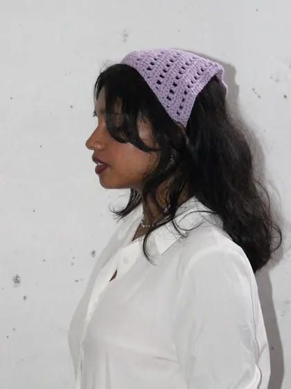 Another look at the lavender bandana. The simple mesh stitch gives it a delicate, airy feel.